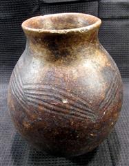 LOT 2 EARTHENWARE ROUNDED BOTTOM POTS - ONE POT EIGHT INCHES TALL WITH DIAGONO G
